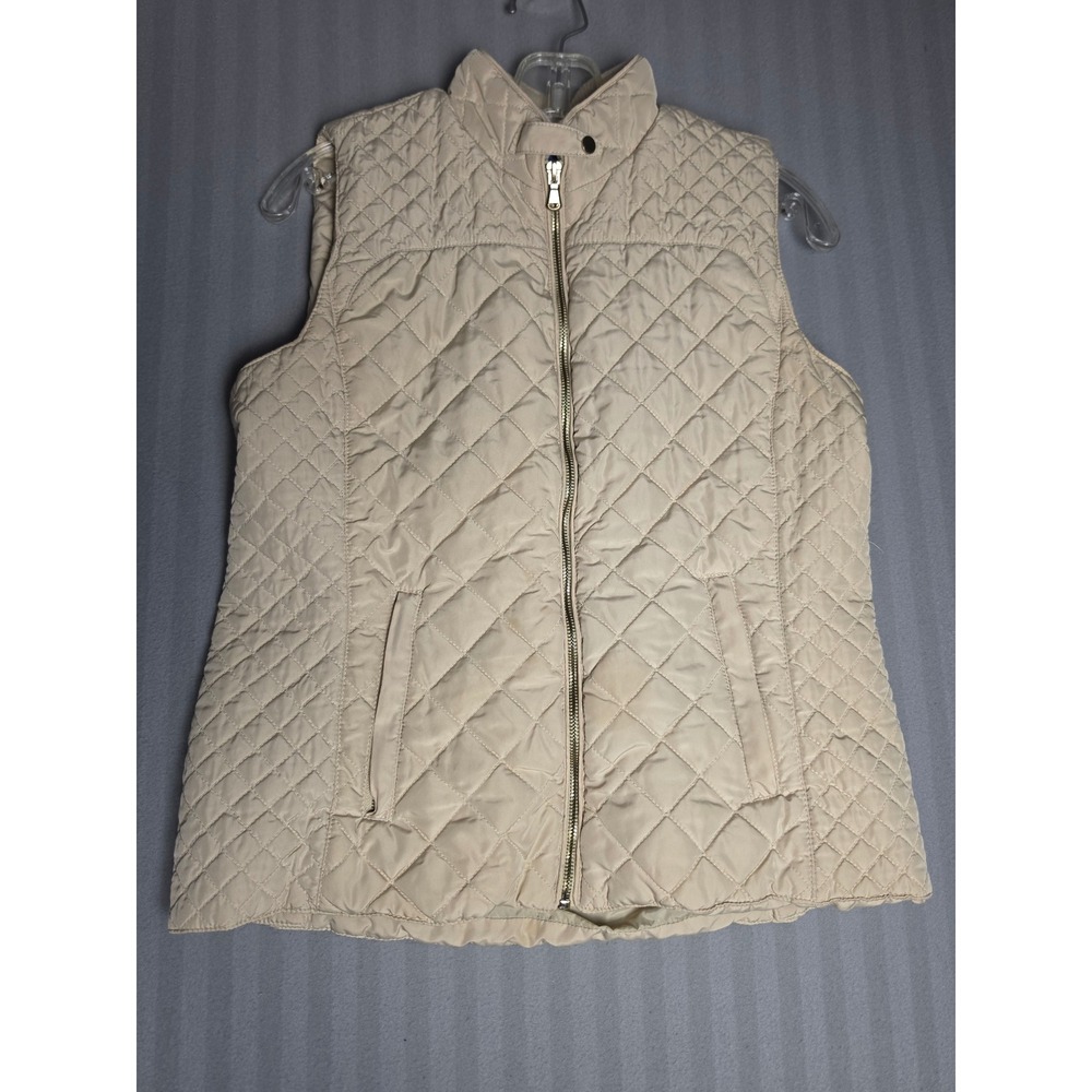 Blue Rain Womens Quilted Puffer Vest Cream Beige Full Zip Polka Dot Lining L